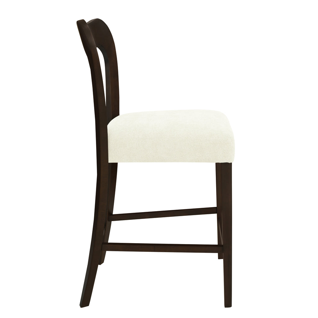 Side profile of Counter Stool Set of 2 - Dark Brown + Beige showing ergonomic backrest and footrest support.