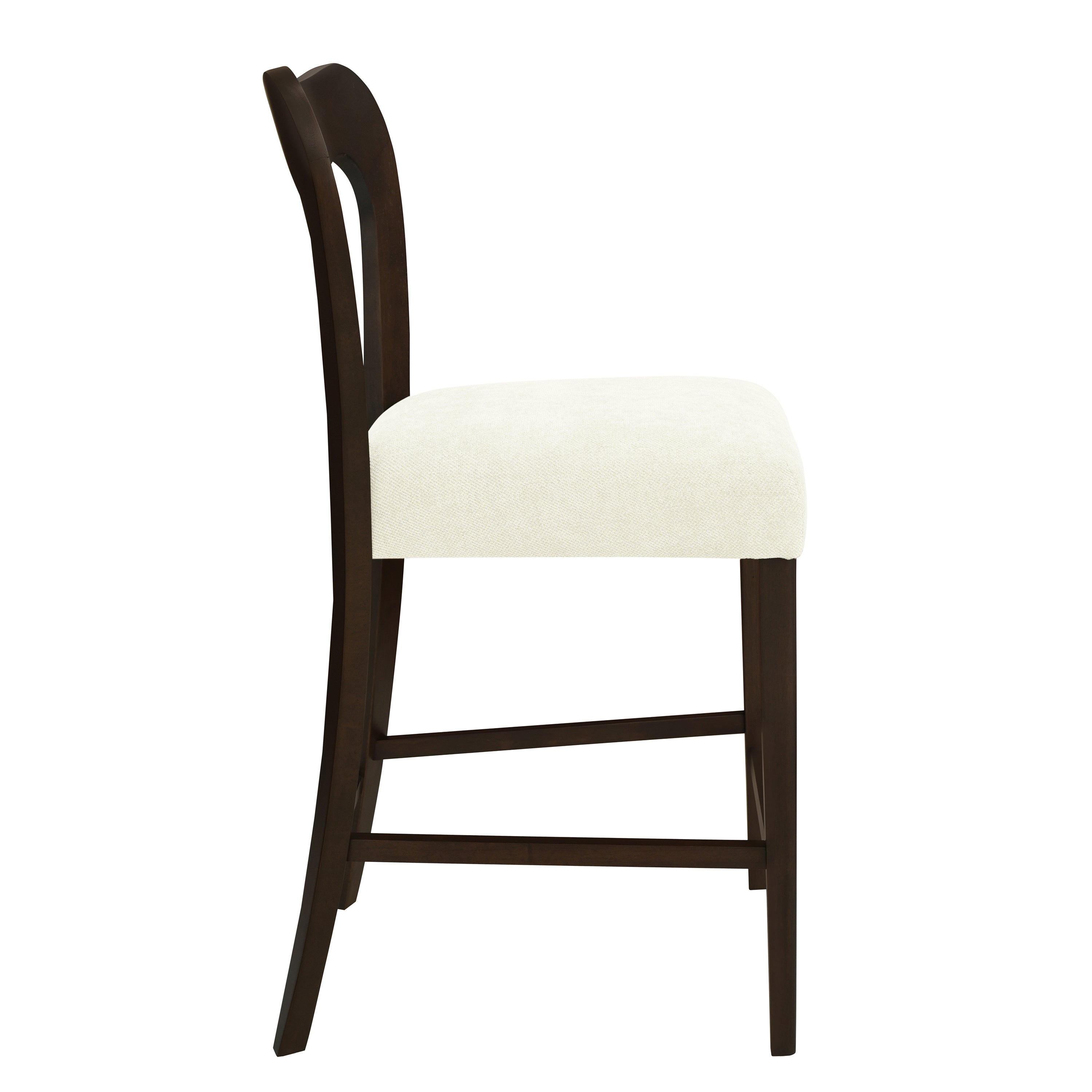 Side profile of Counter Stool Set of 2 - Dark Brown + Beige showing ergonomic backrest and footrest support.