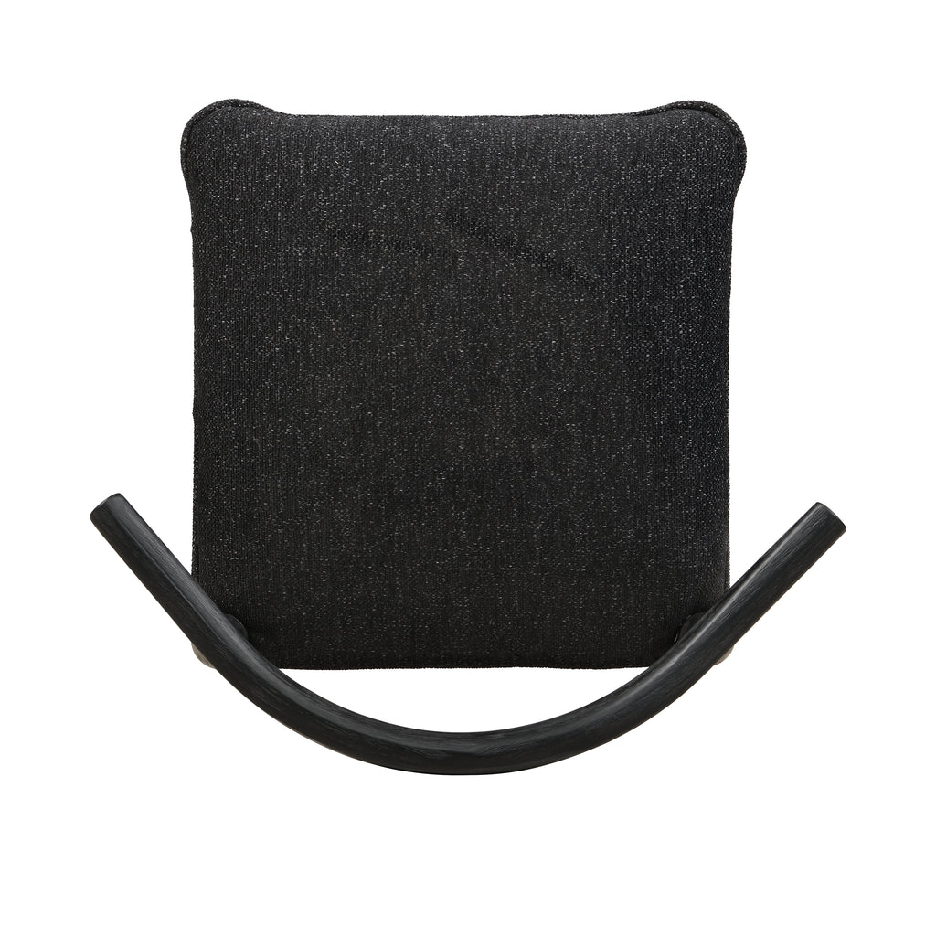 Top-down view of Black Fabric Counter Stool seat showing textured black fabric upholstery and curved wooden backrest.