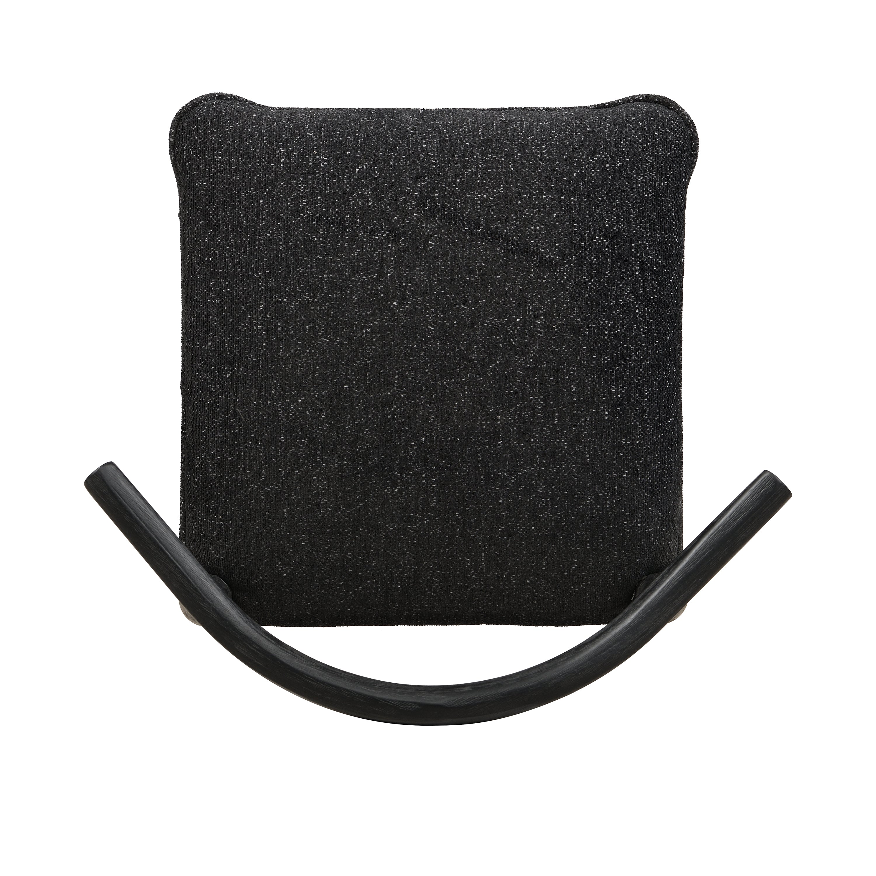 Top-down view of Black Fabric Counter Stool seat showing textured black fabric upholstery and curved wooden backrest.