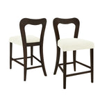 Counter Stool Set of 2 - Dark Brown + Beige featuring curved backrests and sturdy rubberwood frames for stylish seating.