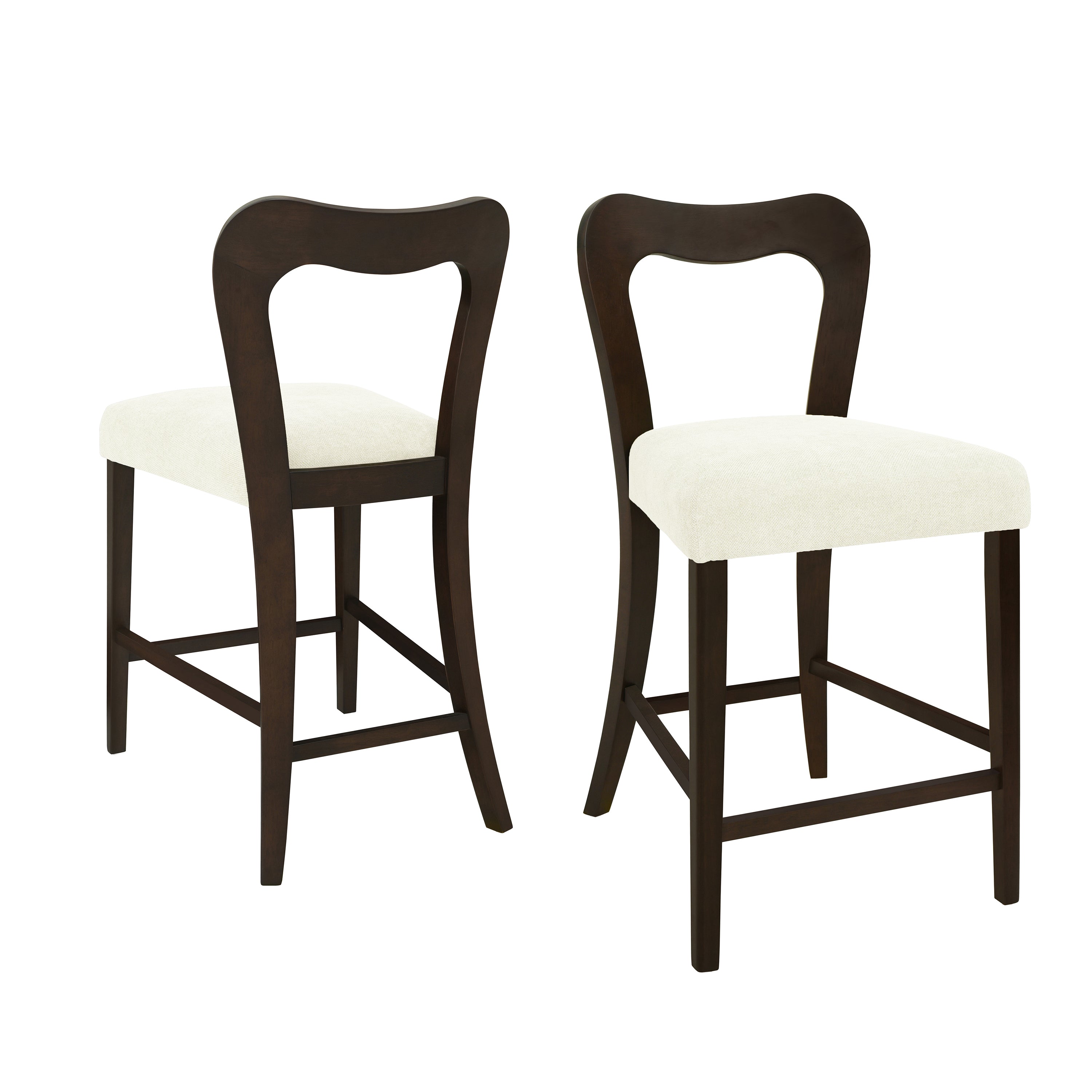 Counter Stool Set of 2 - Dark Brown + Beige featuring curved backrests and sturdy rubberwood frames for stylish seating.