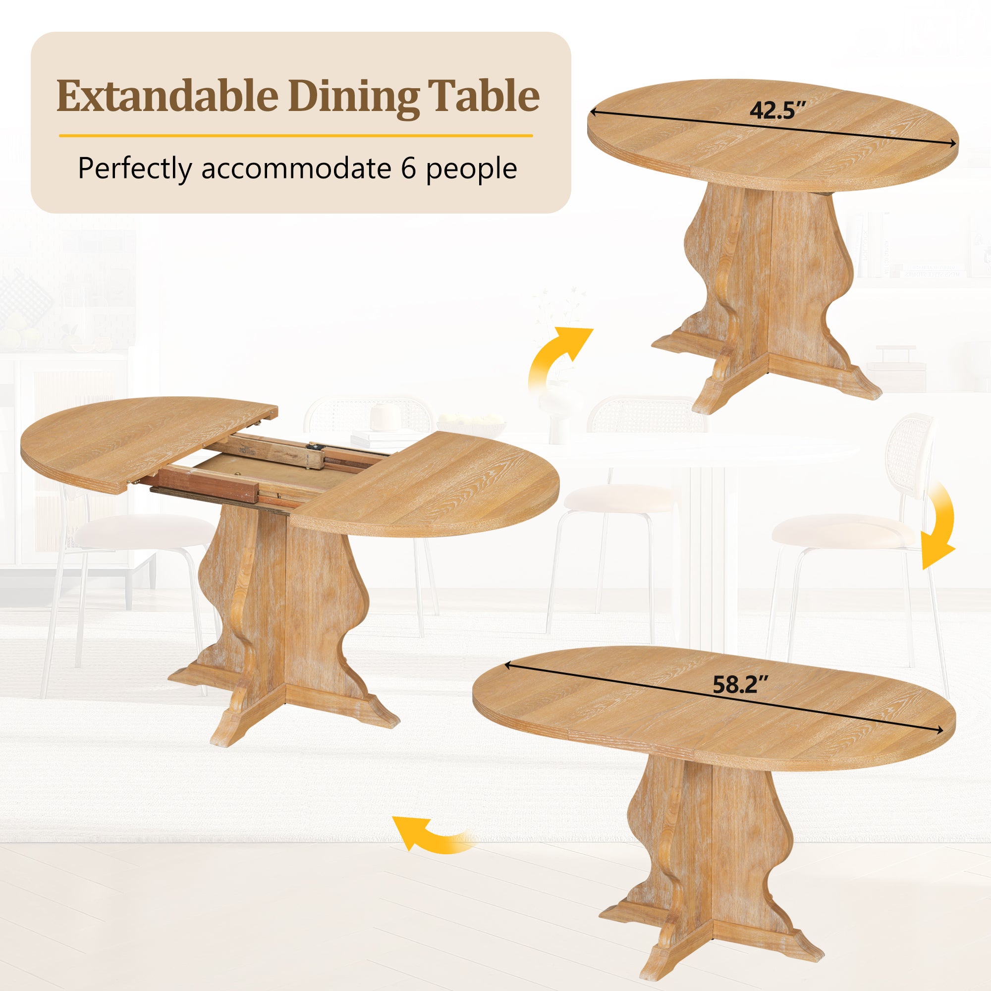 Extendable farmhouse dining table with leaf insert, expanding from round to oval to seat six people comfortably in rustic style.