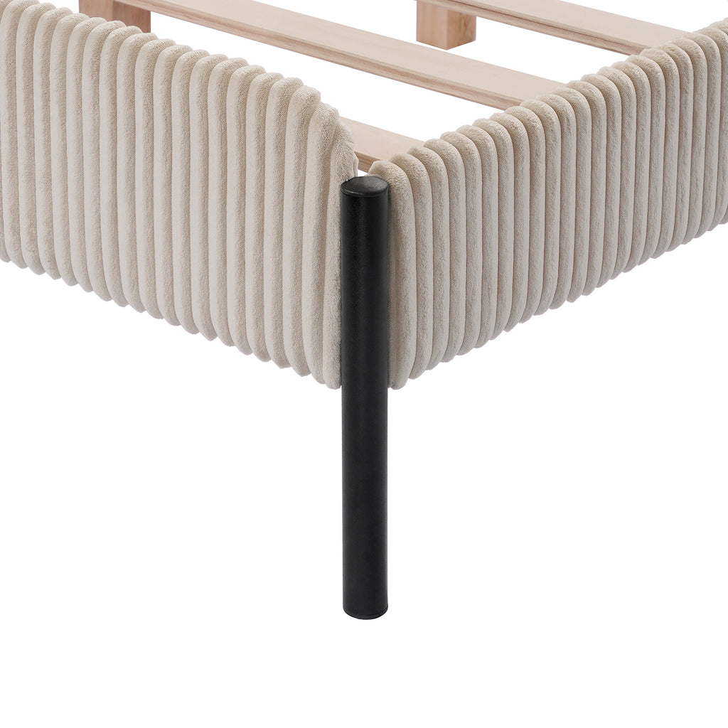 Cream Corduroy Queen Upholstered Bed With Metal Leg