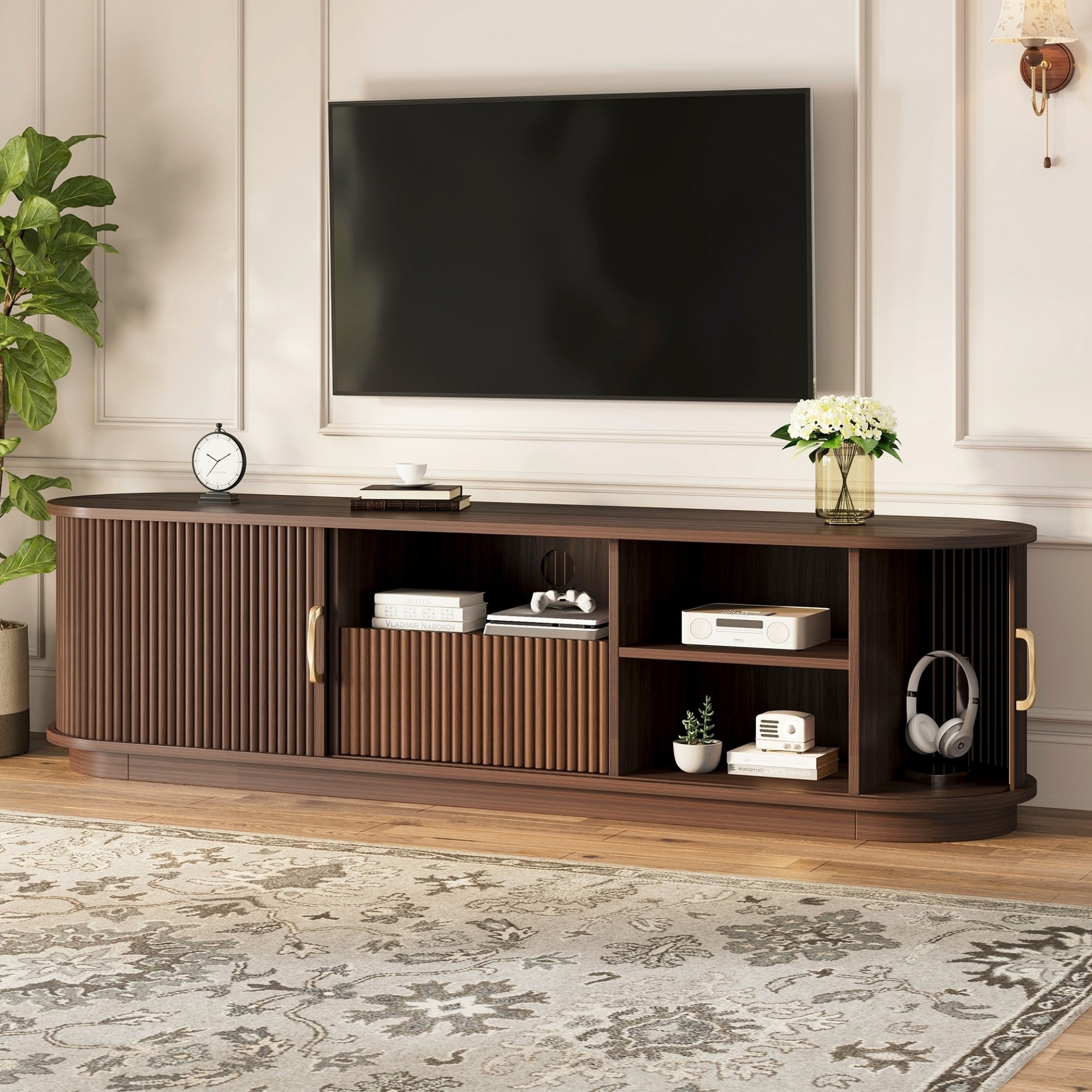 67-Inch Walnut Wood Media Console with Sliding Slatted Doors