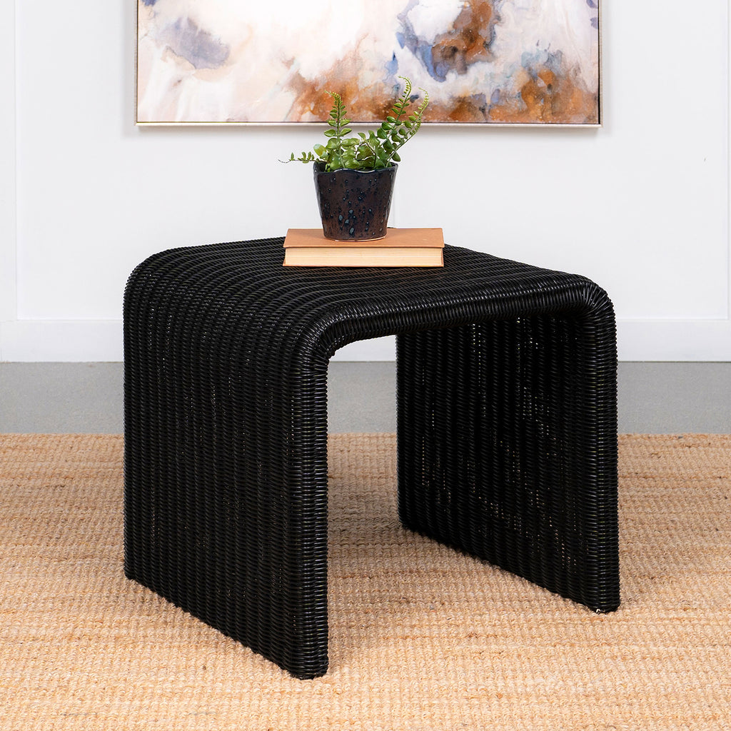 Black Woven Rattan Square End Table styled in a living space with decor, showcasing its retro-inspired design and versatile use.