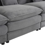 Close-up of seat cushions on modular sofa, emphasizing the thick padding and ribbed corduroy fabric for comfort and durability.