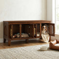Lars Walnut Rubber Wood & Rattan Dog Crate Cabinet with 4 Doors