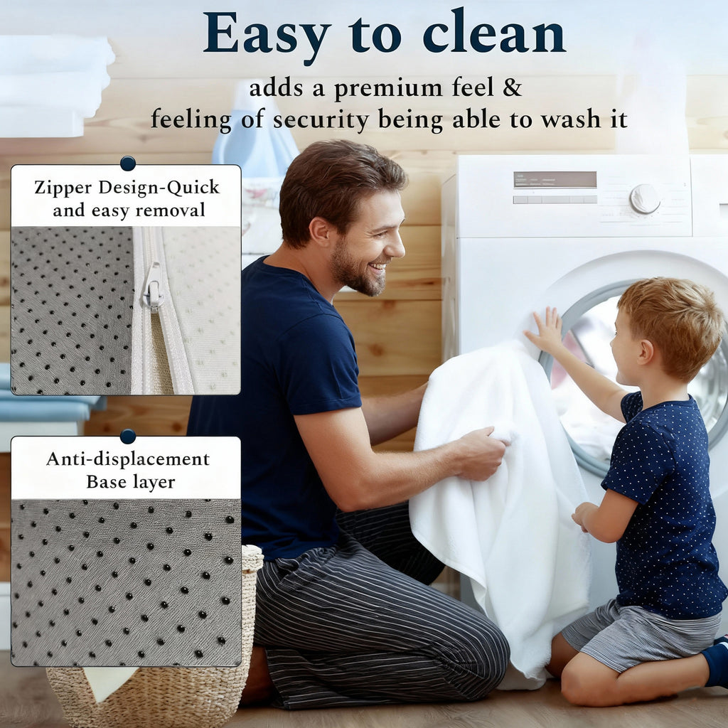 Father and son doing laundry with King Green Tea Memory Foam Mattress cover. Easy-to-clean design with zipper and anti-displacement base layer.