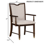 Transitional dining arm chair with product dimensions: 37 inches tall, 24 inches wide, and 24.5 inches deep.