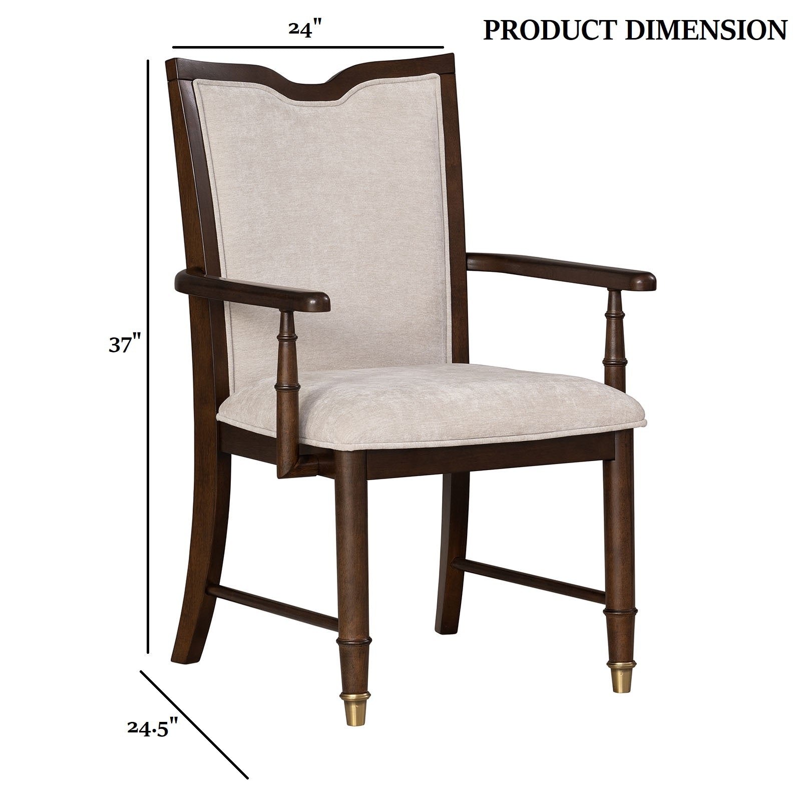 Transitional dining arm chair with product dimensions: 37 inches tall, 24 inches wide, and 24.5 inches deep.
