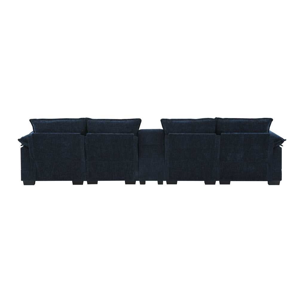 Rear view of U-shaped sectional sofa with USB charger, featuring plush chenille upholstery and solid wood frame for comfy living room seating.