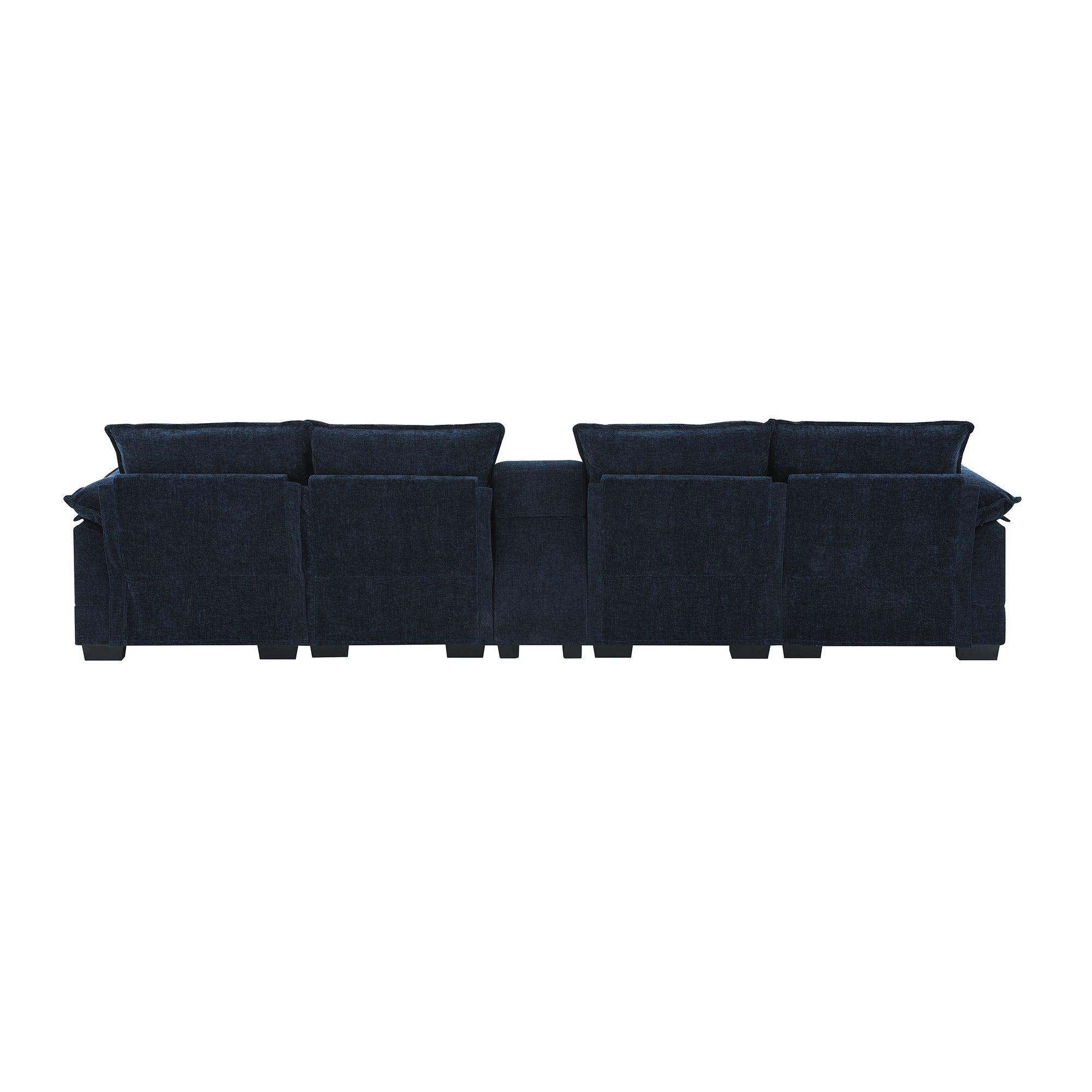Rear view of U-shaped sectional sofa with USB charger, featuring plush chenille upholstery and solid wood frame for comfy living room seating.