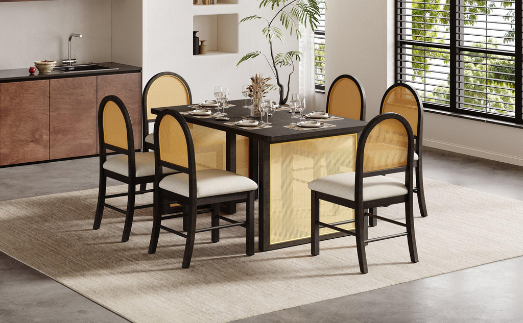 TREXM 7-Piece Farmhouse Dining Table Set for 6 - 59.8' Rectangular Dining Table with Distressed Oak Veneer and 6 Rattan Chairs, Rustic Kitchen Furniture for Dining Room(Espresso).