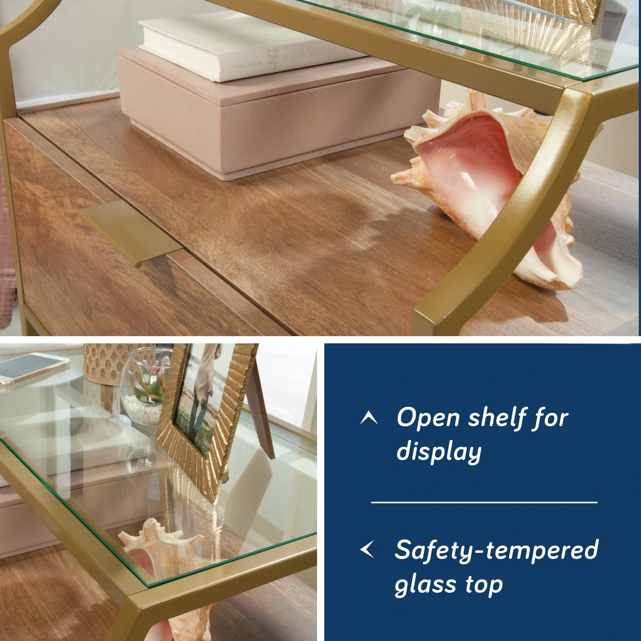 Brown finish night stand with open shelf and safety-tempered glass top, perfect for displaying decor items in bedrooms.