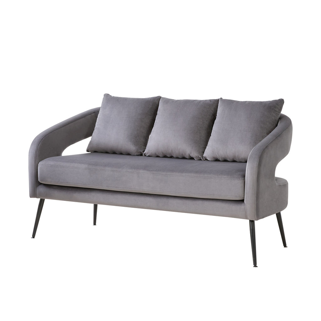 Modern Upholstered Velvet Open Back Loveseat Settee with 3 Pillows, Small Comfy Sofa 2-Seater, Metal Legs, Charcoal