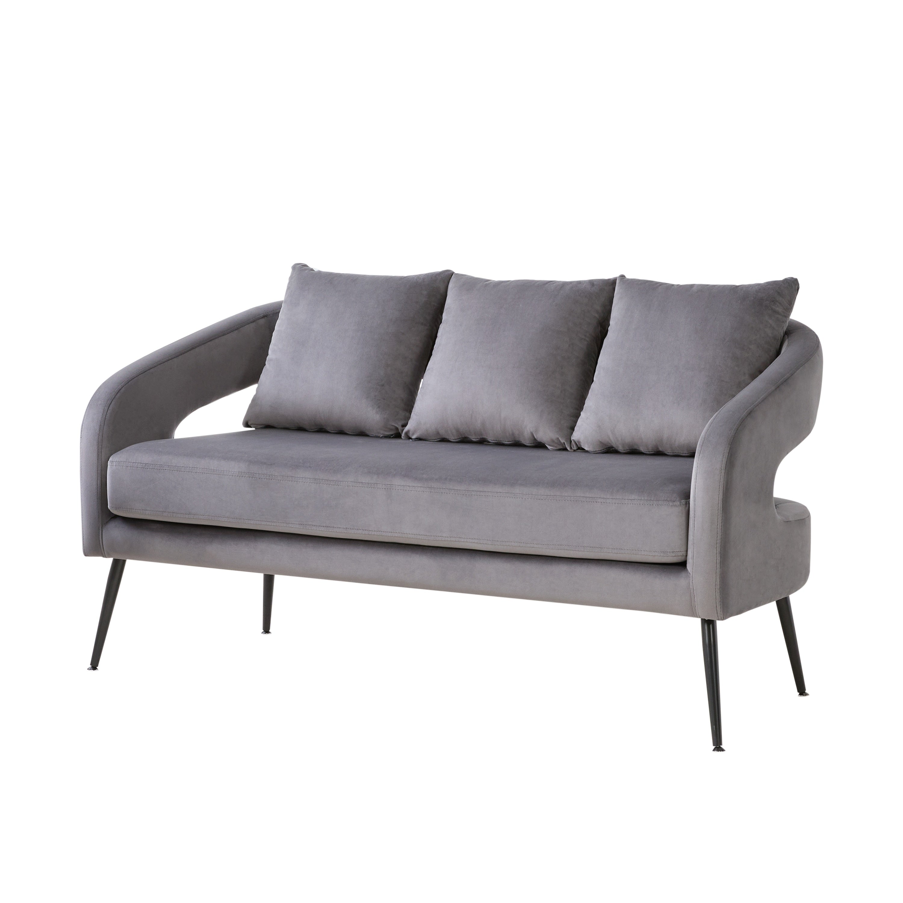 Modern Upholstered Velvet Open Back Loveseat Settee with 3 Pillows, Small Comfy Sofa 2-Seater, Metal Legs, Charcoal
