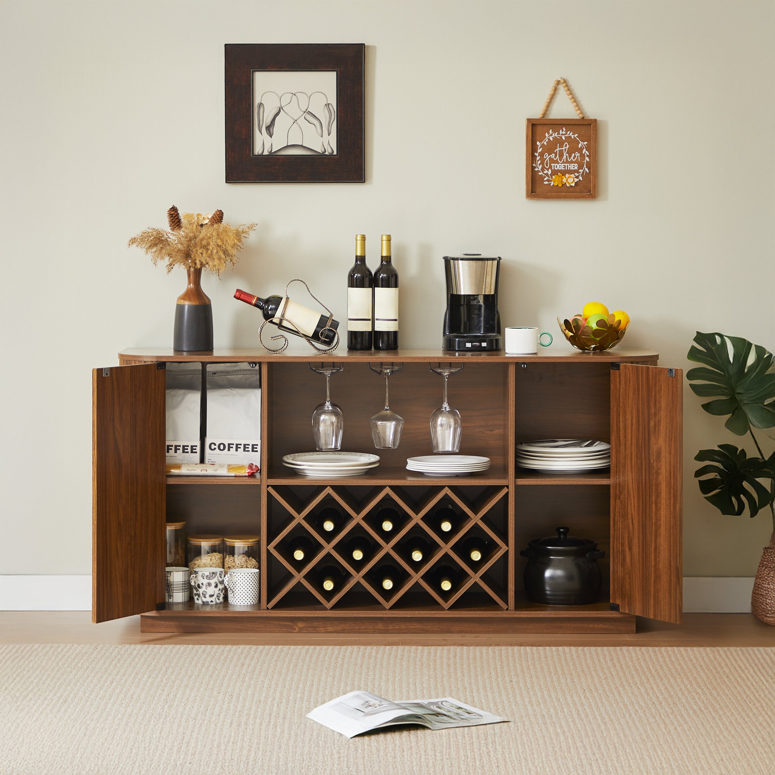 Modern Wavy Curve Sideboard with Wine Rack and Storage