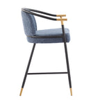 Side profile of upholstered counter stool showing ergonomic seat depth, curved backrest, and durable metal frame with gold tips.