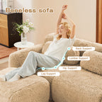 Woman relaxing on modular sofa showing ergonomic support zones including back, lumbar, hip, and leg for full-body comfort.