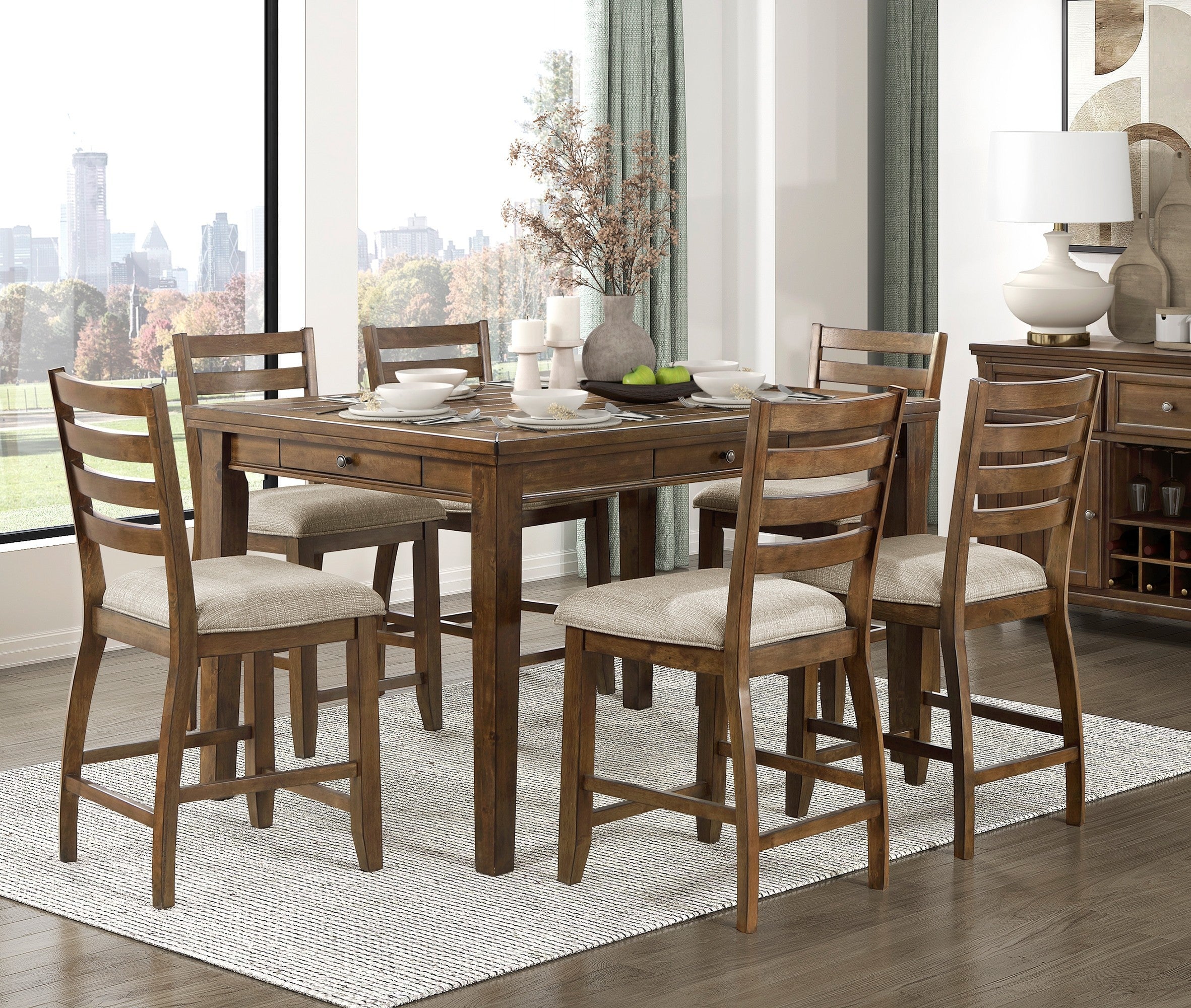 Traditional cherry-finish wooden counter-height dining set with four storage drawers and six beige upholstered chairs.