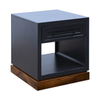 Angled view of Nora 22 Inch End Table in Blue Denim and Whiskey finish, featuring a drawer and open shelf for versatile storage.