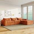 116'' compressed sofa no assembly in burnt orange chenille, placed in a modern living room with natural light and wood flooring.