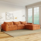116'' compressed sofa no assembly in burnt orange chenille, placed in a modern living room with natural light and wood flooring.