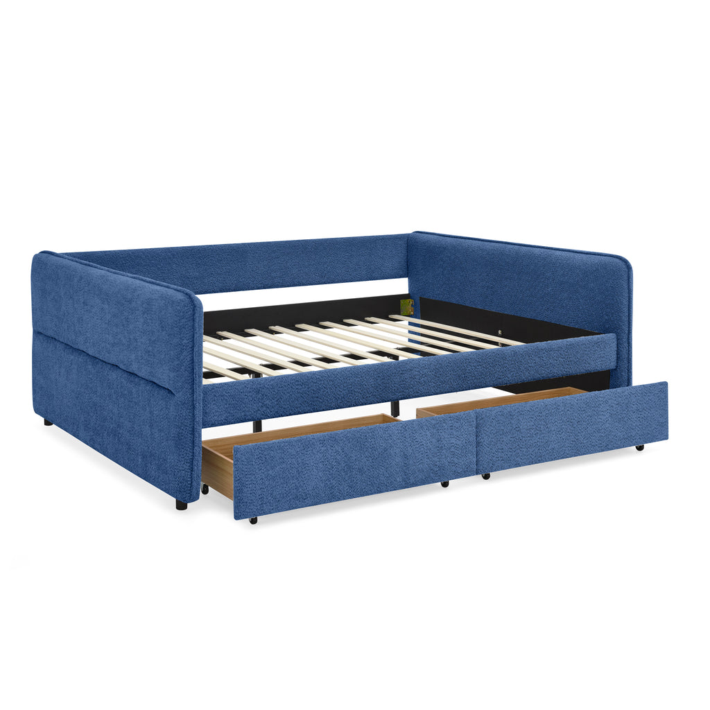 Blue Boucle Queen Daybed with Drawers and Eucalyptus Wood Frame