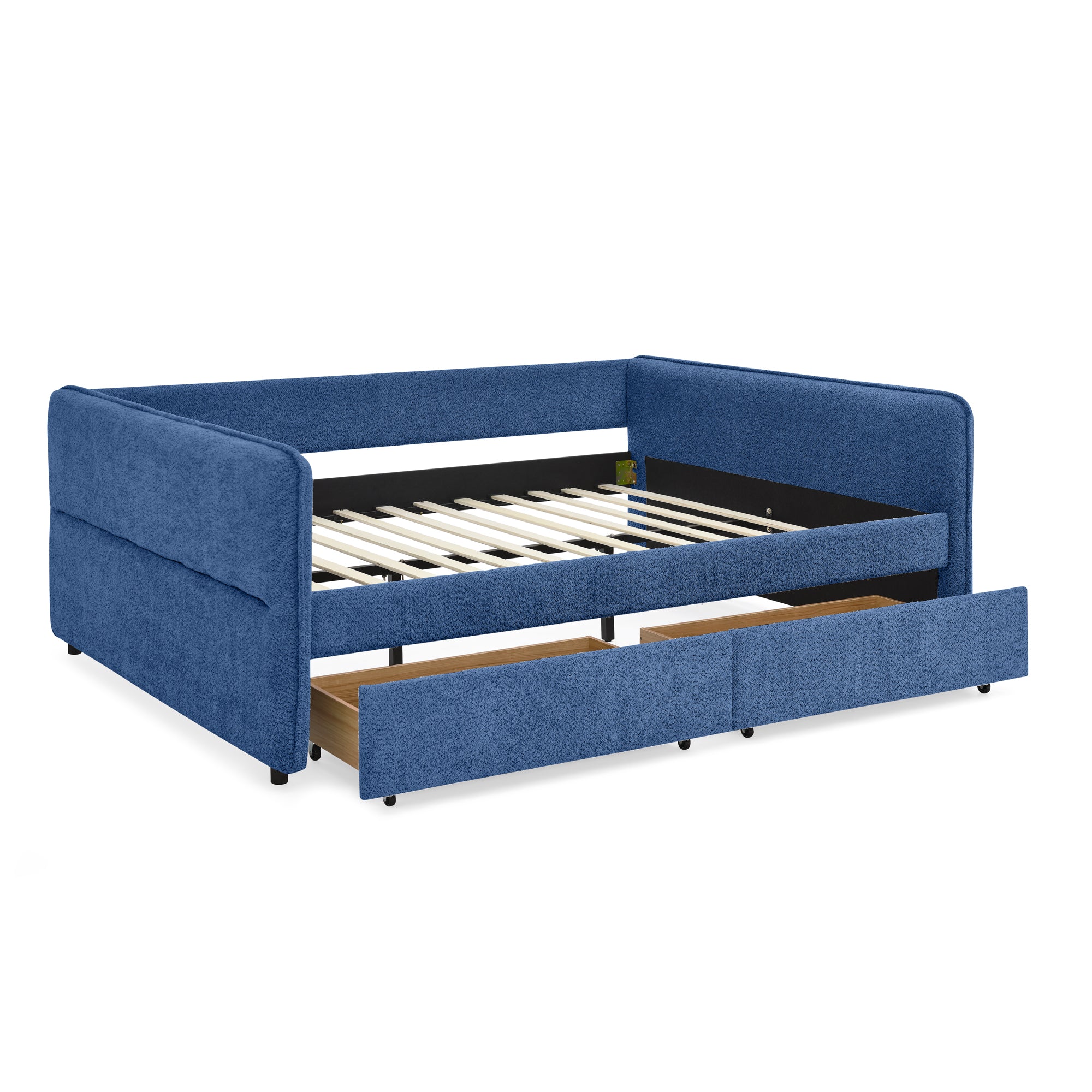Blue Boucle Queen Daybed with Drawers and Eucalyptus Wood Frame