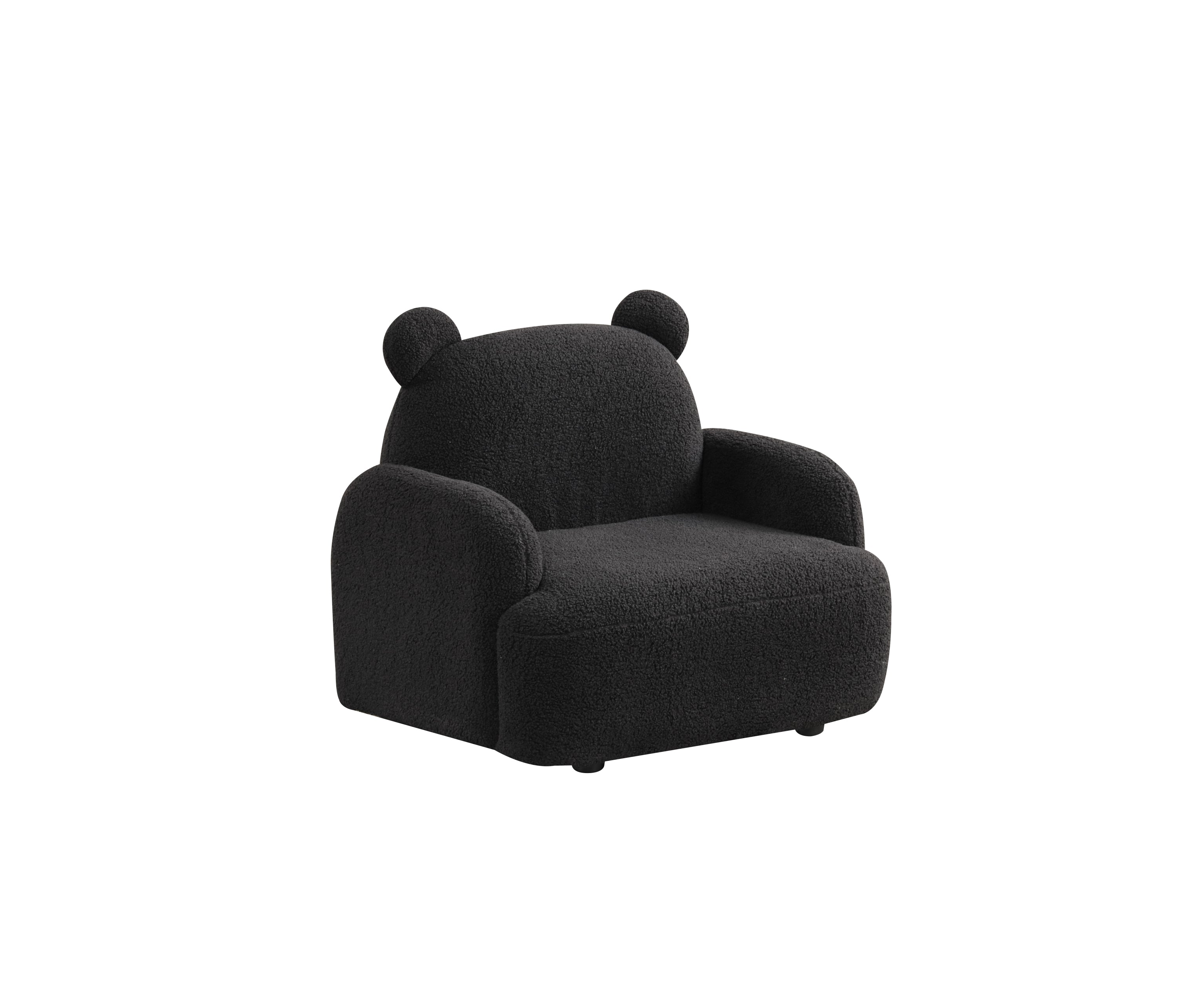 Black Sherpa Bear-Shaped Kids Armchair with plush foam and rounded arms, designed for comfort and playful decor in children's rooms.