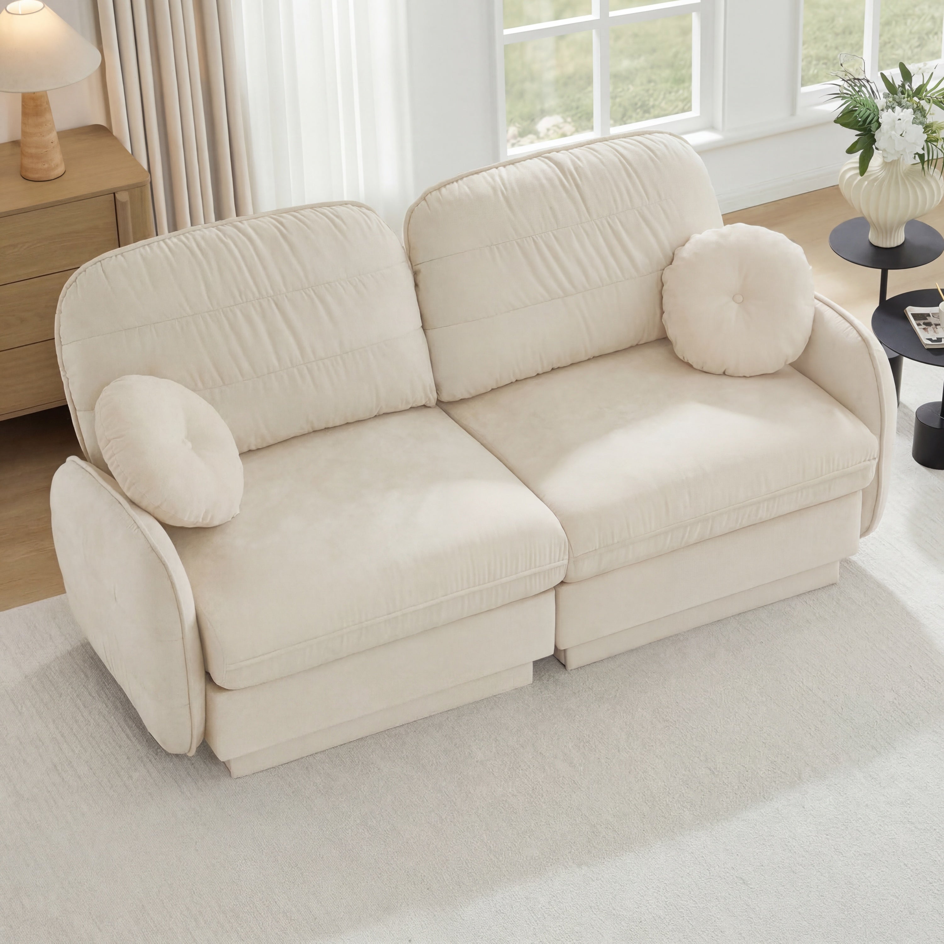 Cream Beige Chenille 2-Seater Cloud Loveseat with Quilted Cushion