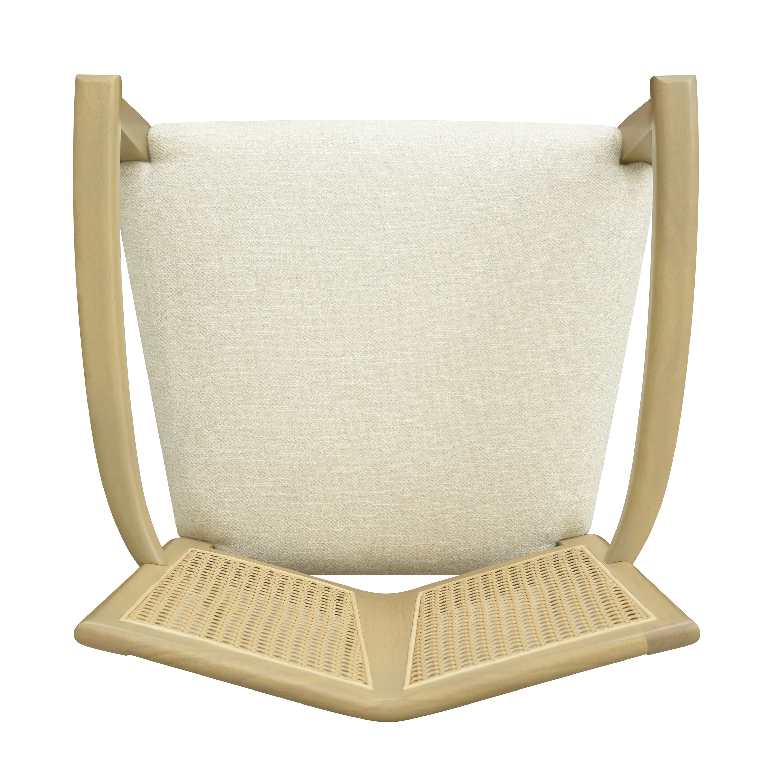 Underside view of modern dining chair showing foam seat padding and rattan backrest construction, built for durability and comfort.