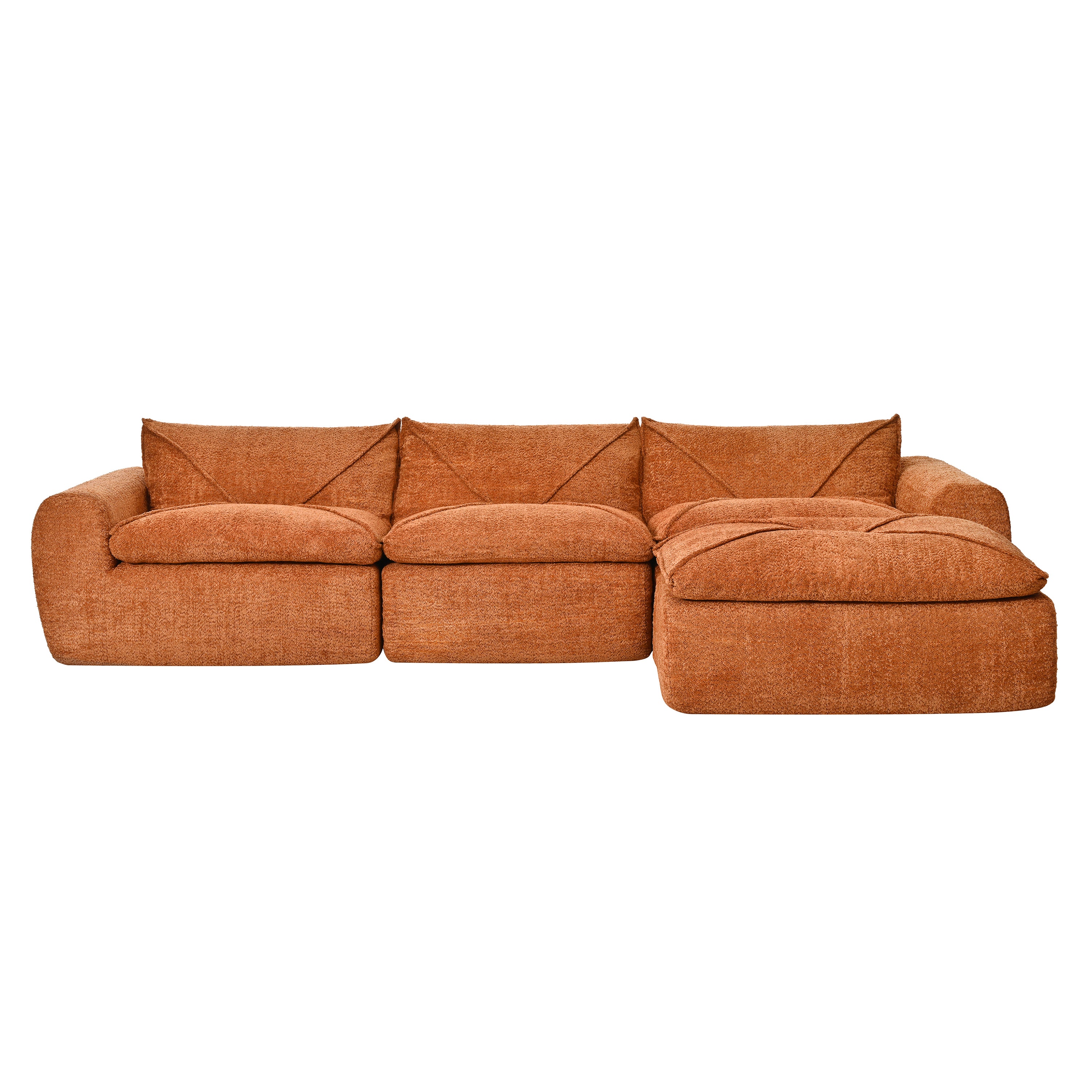 Front view of 116'' compressed sofa no assembly in L-shape layout, featuring three seats and a right-side chaise lounge.