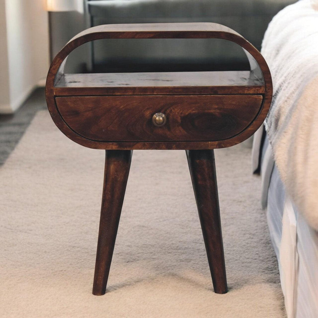 Solid Wood California Walnut Circular Bedside with 1-Drawer, Open Slot, Nordic Legs, Dark Brown.