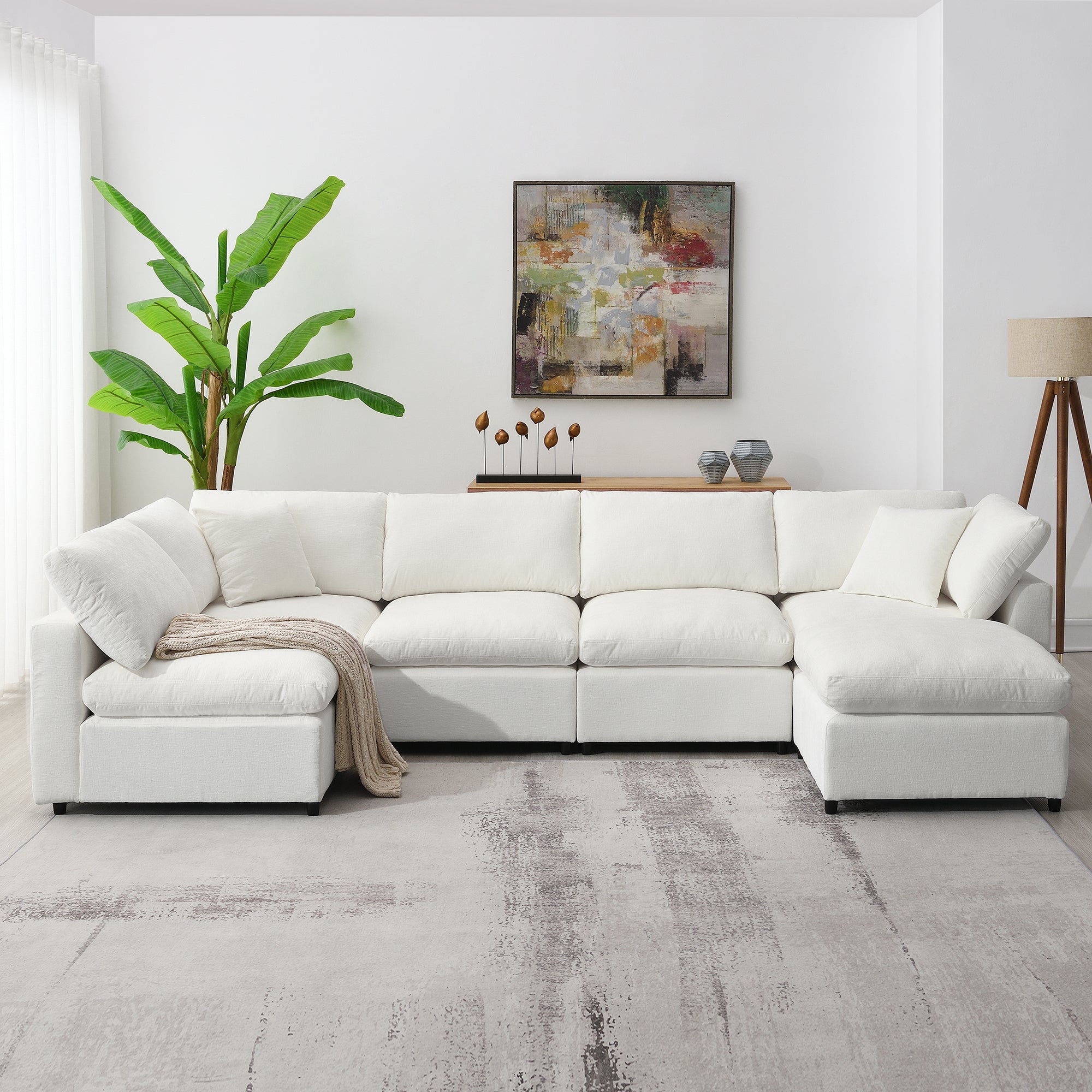 130' Modular Sofa Bed - Convertible 6 Seat Sectional in chenille fabric, displayed front-facing in a bright, contemporary living space.