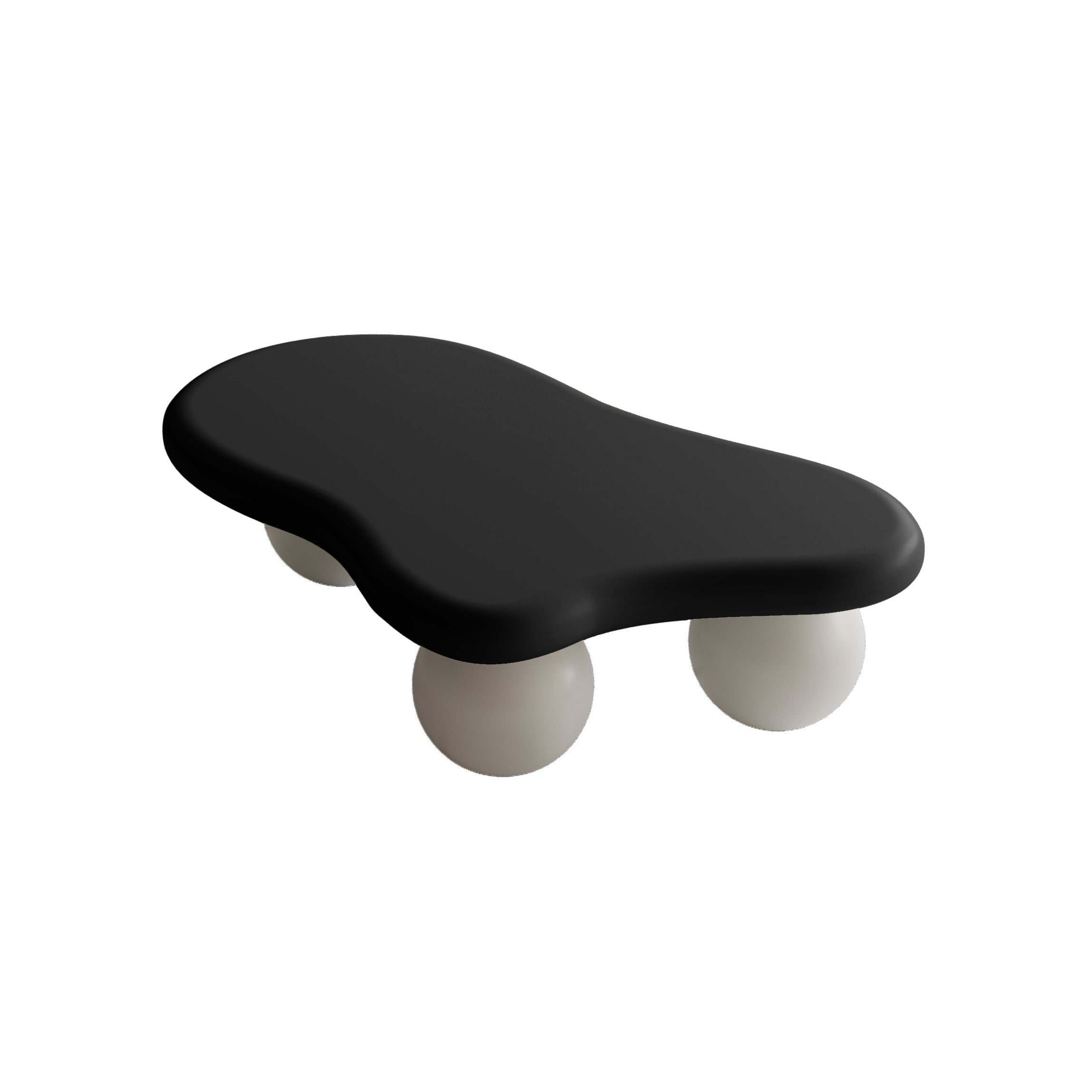 Isolated view of Cloud Shaped Coffee Table with black top and three white ball legs. Modern accent table for stylish living spaces.