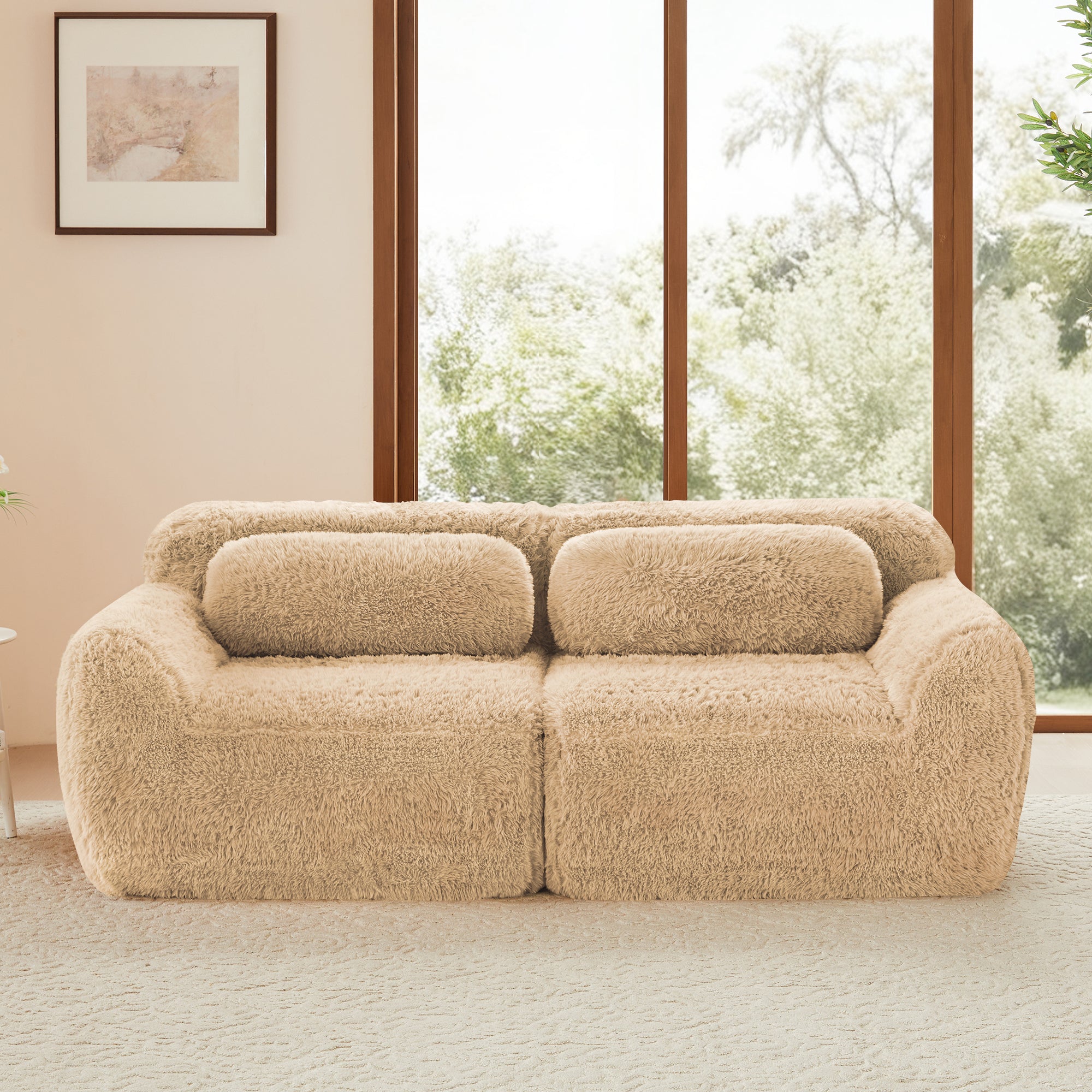 Front view of 2-seater modular sectional sofa with soft plush fabric and lumbar cushions, ideal for modern home decor.