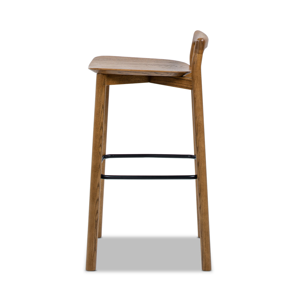 Side profile of Sven 30' modern low back wood barstool in dark brown highlighting ergonomic seat and sturdy legs.