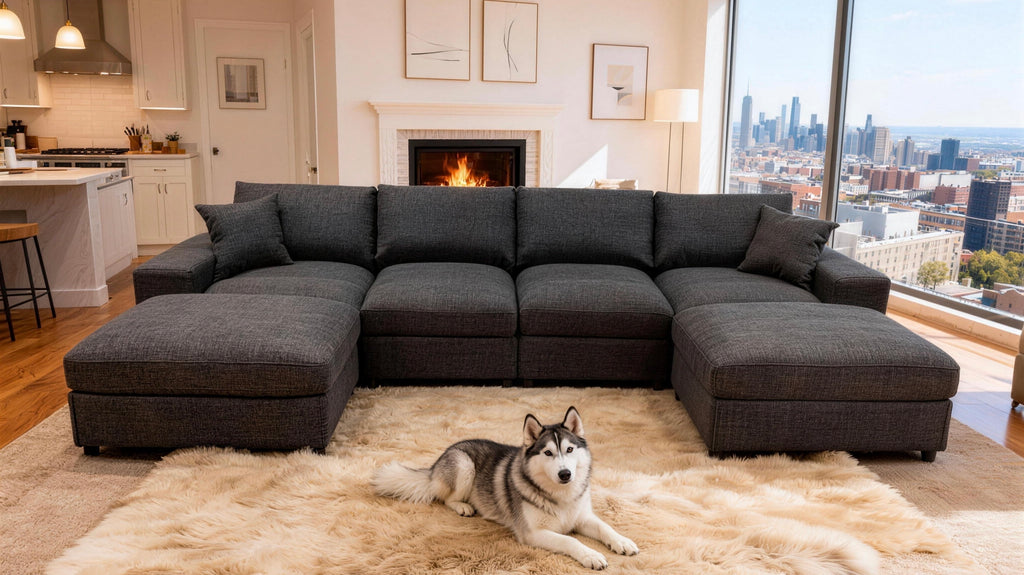 Charcoal Black 6-Seater Linen Sectional Sofa with Two Ottomans