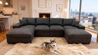 Charcoal Black 6-Seater Linen Sectional Sofa with Two Ottomans