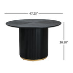 Black round pedestal dining table with dimensions 47.25 inches wide and 30.5 inches high. MDF top and iron base with gold trim.