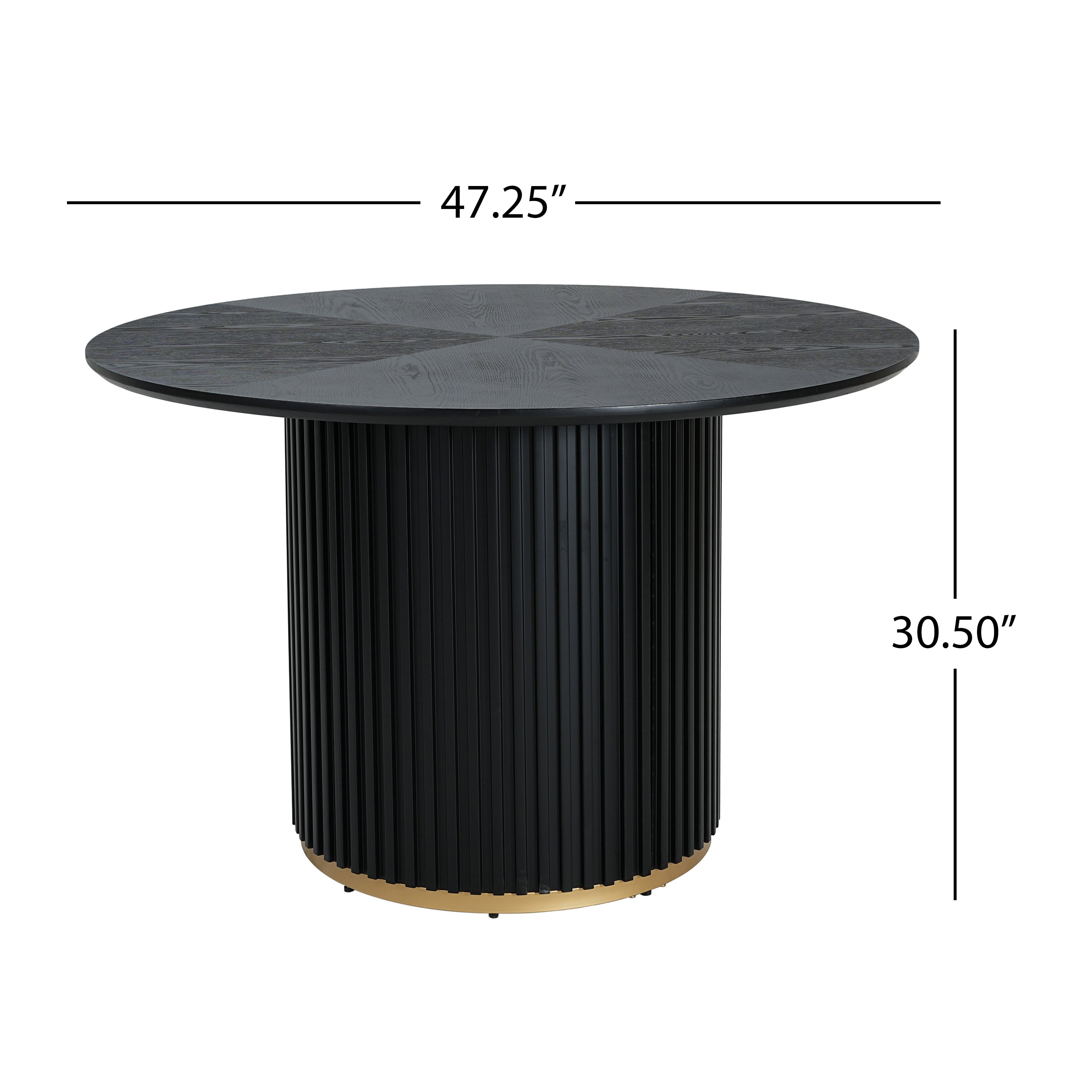 Black round pedestal dining table with dimensions 47.25 inches wide and 30.5 inches high. MDF top and iron base with gold trim.