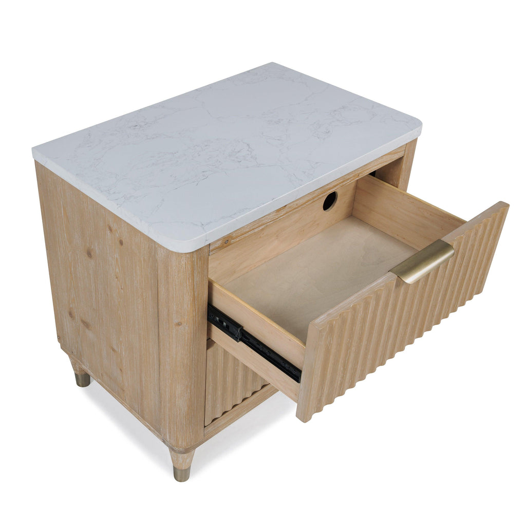 Modern Wood Nightstand with Storage and Engineered Stone Top.