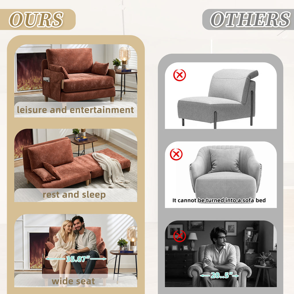 Comparison chart showing advantages of the Convertible Sofa Bed Recliner - 3-in-1 over standard chairs, including wider seat and bed function.