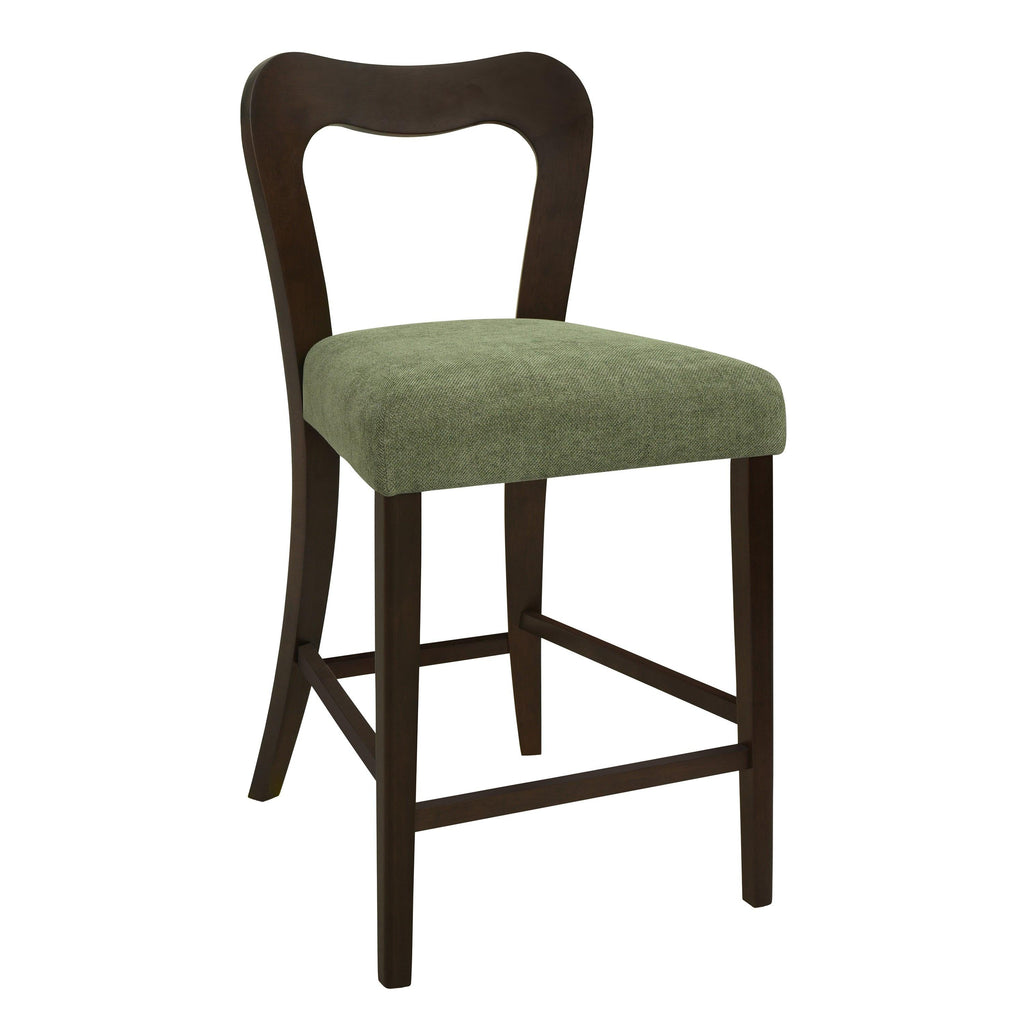 Set of 2 Rubberwood Counter Stools in Dark Brown and Green.
