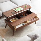 Durable oak wood lift-top coffee table with dual storage spaces and drawers, styled for contemporary interiors.