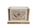 Beige modern 2-drawer nightstand with wood grain veneer, geometric gold accents, and mirrored side panels.