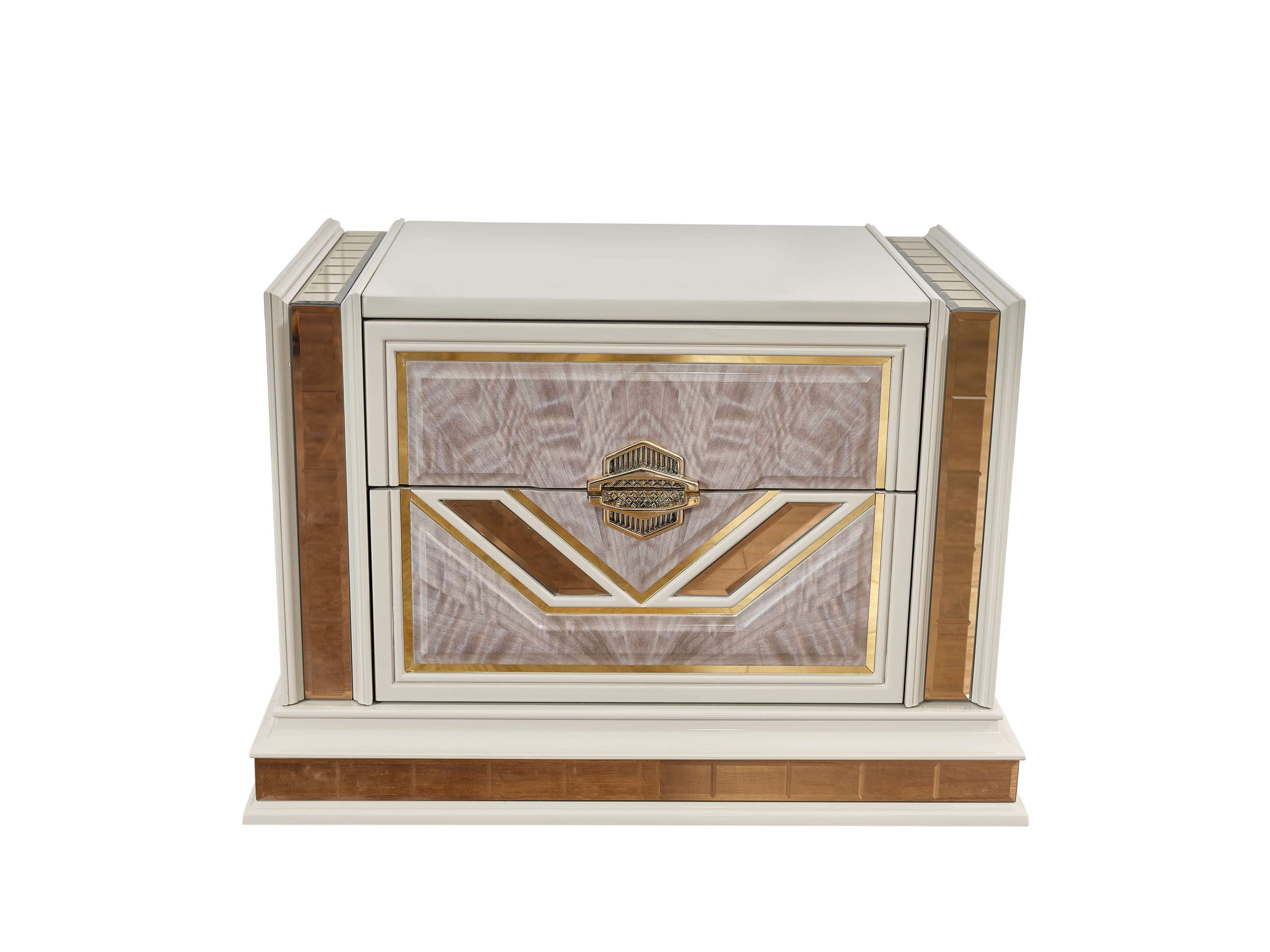 Beige modern 2-drawer nightstand with wood grain veneer, geometric gold accents, and mirrored side panels.