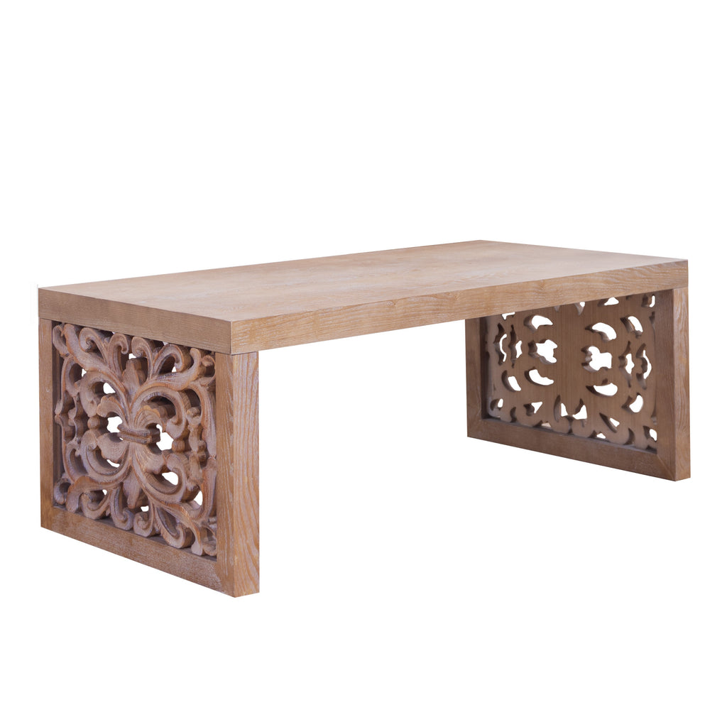 47.2 rustic carved wood coffee table with ornate side panels and natural finish, showcasing handcrafted detailing and rectangular shape.